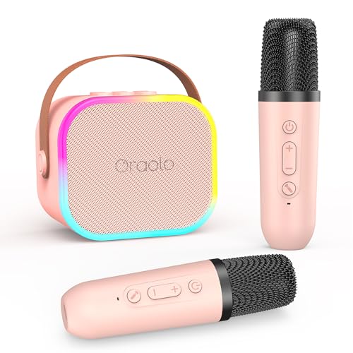 oraolo Karaoke-Maschine mit 2 Kabellosen Mikrofonen, Tragbarer Mini-Bluetooth-Lautsprecher für Kinder, Geburtstag, für Mädchenspielzeug im Alter von 3–12 Jahren, Voice Changer（Rosa） von oraolo