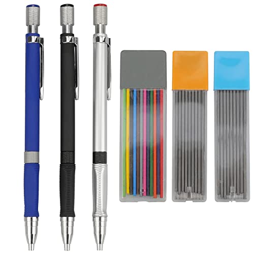 oupados 3 Stück Druckbleistift 2mm Set 2B Mechanical Pencil mit 2 Schwarz und 1 Farbe Minen Mechanische Bleistifte Minenbleistifte für Kunstskizzieren Zeichnen Schreiben Tischler von oupados