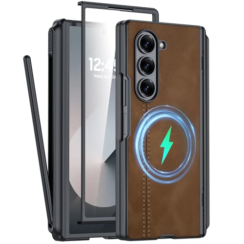 oupeigar Schutzhülle für Galaxy Z Fold 6, mit S-Stifthalter, [Scharnierschutz & Displayschutz] Stoßfeste Lederhülle für Galaxy Z Fold 6, Braun von oupeigar