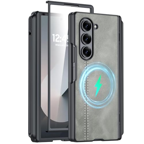 oupeigar Schutzhülle für Galaxy Z Fold 6 mit S-Stifthalter, [Scharnierschutz und Displayschutz] Stoßfeste Lederhülle für Galaxy Z Fold 6 (Grau) von oupeigar