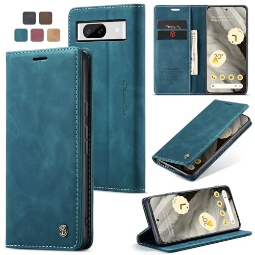 owlhold Handyhülle für Google Pixel 8 Hülle Premium Lederhülle Weiches Vintage-Nubukleder Faltbare Ständer Schutzhülle Kartenfach Standfunktion stoßfest klapphülle Pixel 8 -Blaugrün von owlhold