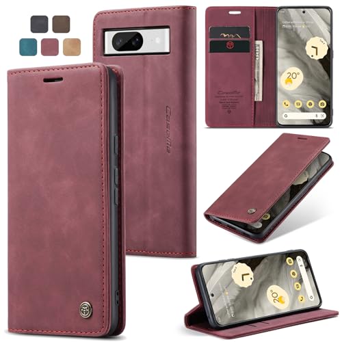 owlhold Handyhülle für Google Pixel 8 Hülle Premium Lederhülle Weiches Vintage-Nubukleder Faltbare Ständer Schutzhülle Kartenfach Standfunktion stoßfest klapphülle Pixel 8 -Weinrot von owlhold