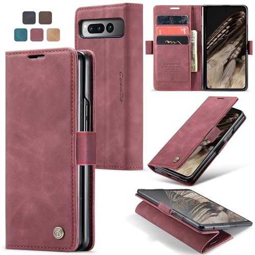 owlhold Handyhülle für Google Pixel Fold Hülle Premium Lederhülle Weiches Vintage-Nubukleder Faltbare Ständer Schutzhülle Kartenfach Standfunktion stoßfest klapphülle Pixel Fold -Weinrot von owlhold
