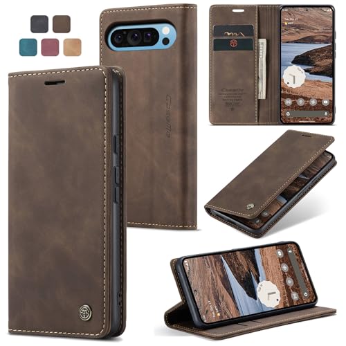 owlhold Handyhülle für Google Pixel Pixel 9 Pro XL Hülle Premium Lederhülle Weiches Vintage-Nubukleder Faltbare Ständer Schutzhülle Kartenfach Standfunktion klapphülle Pixel 9 Pro XL -Kaffee von owlhold