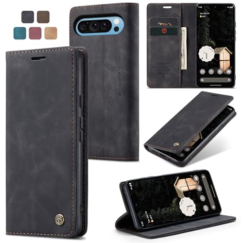 owlhold Handyhülle für Google Pixel Pixel 9 Pro XL Hülle Premium Lederhülle Weiches Vintage-Nubukleder Faltbare Ständer Schutzhülle Kartenfach Standfunktion klapphülle Pixel 9 Pro XL -Schwarz von owlhold