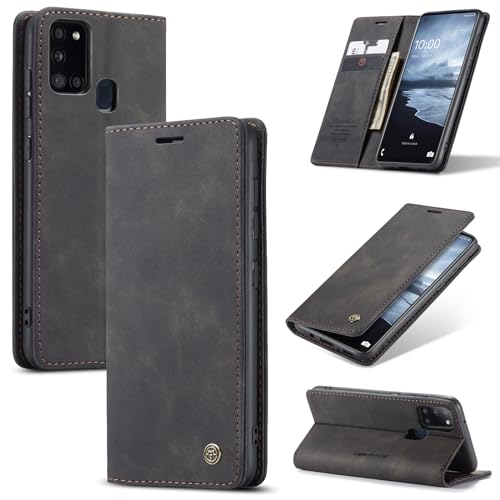 owlhold Handyhülle für Samsung Galaxy A21s Hülle, Premium Lederhülle Weiches Vintage-Nubukleder Faltbare Ständer Klapphülle Kartenfach Standfunktion stoßfest Schutzhülle für Samsung A21s - Schwarz von owlhold