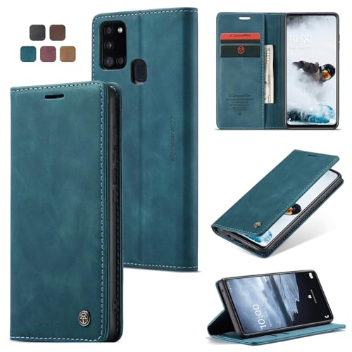 owlhold Handyhülle für Samsung Galaxy A21s Hülle, Premium Lederhülle Weiches Vintage-Nubukleder Faltbare Ständer Klapphülle Kartenfach Standfunktion stoßfest Schutzhülle für Samsung A21s - Blaugrün von owlhold