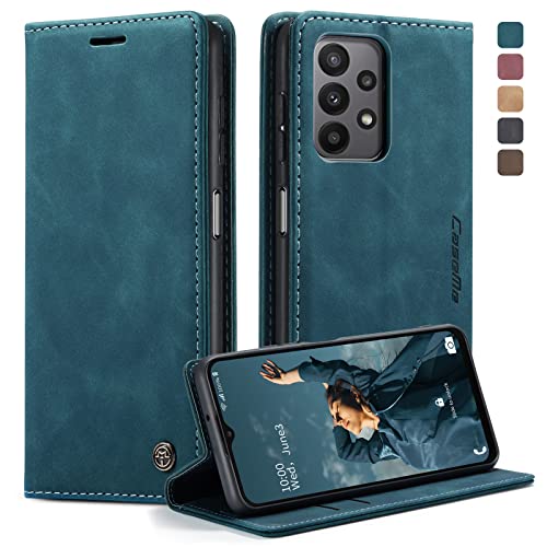 owlhold Handyhülle für Samsung Galaxy A23 5G Hülle, Premium Lederhülle Weiches Vintage-Nubukleder Faltbare Ständer Klapphülle Kartenfach Standfunktion stoßfest Schutzhülle für Samsung A23 5G -Blaugrün von owlhold