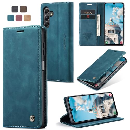 owlhold Handyhülle für Samsung Galaxy A34 5G Hülle, Premium Lederhülle Weiches Vintage-Nubukleder Faltbare Ständer Klapphülle Kartenfach Standfunktion stoßfest Schutzhülle für Samsung A34 -Blaugrün von owlhold