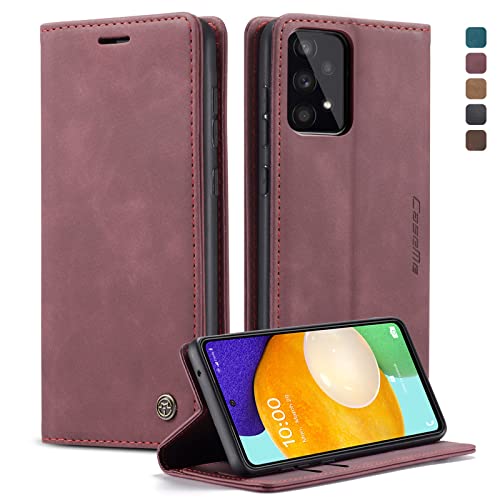 owlhold Handyhülle für Samsung Galaxy A53 5G Hülle, Premium Lederhülle Weiches Vintage-Nubukleder Faltbare Ständer Klapphülle Kartenfach Standfunktion stoßfest Schutzhülle für Samsung A53 5G -Weinrot von owlhold