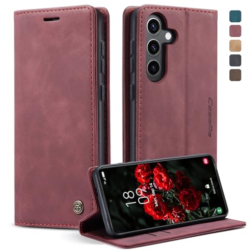 owlhold Handyhülle für Samsung Galaxy S24 5G Hülle, Premium Lederhülle Weiches Vintage-Nubukleder Faltbare Ständer Klapphülle Kartenfach Standfunktion stoßfest Schutzhülle für Samsung S24 5G -Weinrot von owlhold