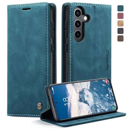 owlhold Handyhülle für Samsung Galaxy S24 5G Hülle, Premium Lederhülle Weiches Vintage-Nubukleder Faltbare Ständer Klapphülle Kartenfach Standfunktion stoßfest Schutzhülle für Samsung S24 5G -Blaugrün von owlhold