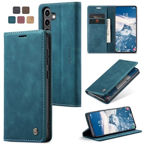 owlhold Handyhülle für Samsung Galaxy S24 FE Hülle Premium Lederhülle Weiches Vintage-Nubukleder Faltbare Ständer Schutzhülle Kartenfach Standfunktion stoßfest klapphülle Samsung S24 FE -Blaugrün von owlhold