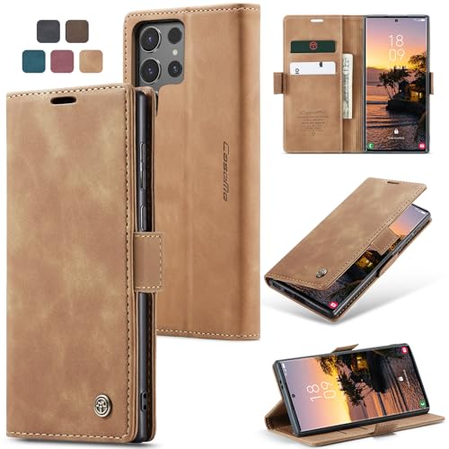 owlhold Handyhülle für Samsung Galaxy S24 Ultra 5G Hülle, Premium Lederhülle Weiches Vintage-Nubukleder Faltbare Ständer Klapphülle Kartenfach Standfunktion stoßfest Schutzhülle -Braun von owlhold