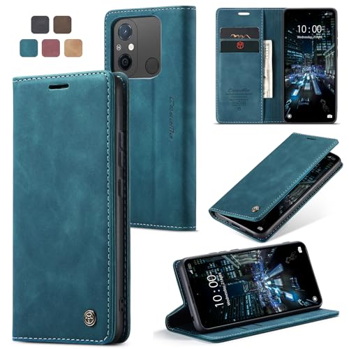 owlhold Handyhülle für Xiaomi Redmi 12C/11A/Poco C55 Hülle, Premium Lederhülle Weiches Vintage-Nubukleder Faltbare Ständer Klapphülle stoßfest Schutzhülle für Redmi 12C/11A/Poco C55 -Blaugrün von owlhold