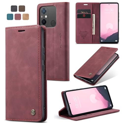 owlhold Handyhülle für Xiaomi Redmi 12C/11A/Poco C55 Hülle, Premium Lederhülle Weiches Vintage-Nubukleder Faltbare Ständer Klapphülle stoßfest Schutzhülle für Redmi 12C/11A/Poco C55 -Weinrot von owlhold