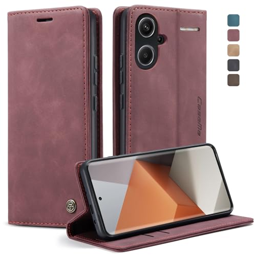 owlhold Handyhülle für Xiaomi Redmi Note 13 Pro+ 5G/Redmi Note 13 Pro Plus 5G Hülle Premium Lederhülle Weiches Vintage-Nubukleder Faltbare Ständer Klapphülle Kartenfach Schutzhülle-Weinrot von owlhold