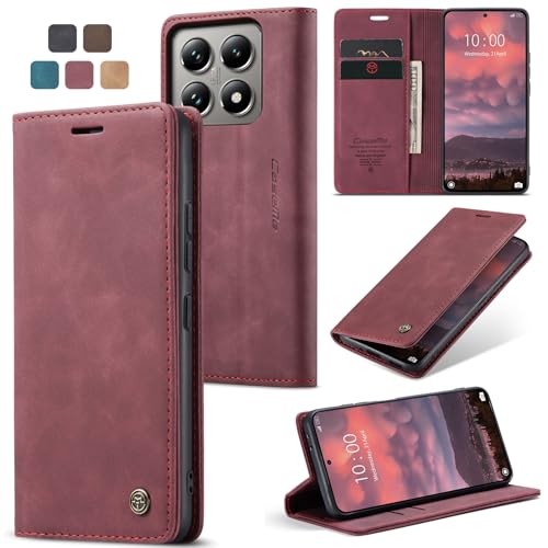 owlhold Handyhülle Xiaomi Redmi 14C hülle Redmi A4 klapphülle Premium Lederhülle Weiches Vintage Handytasche Faltbare Ständer Schutzhülle Kartenfach hülle Redmi 14C/Redmi A4/Xiaom Poco C75 - Weinrot von owlhold
