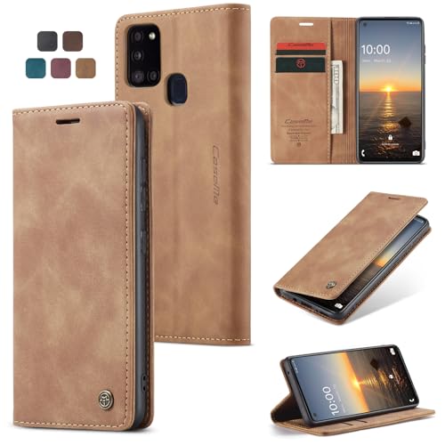 owlhold hülle Samsung Galaxy A21s Klapphülle Premium Lederhülle Weiches Vintage-Nubukleder Faltbare Ständer Klapphülle Kartenfach stoßfest Schutzhülle Handyhülle für Samsung Galaxy A21s - Braun von owlhold