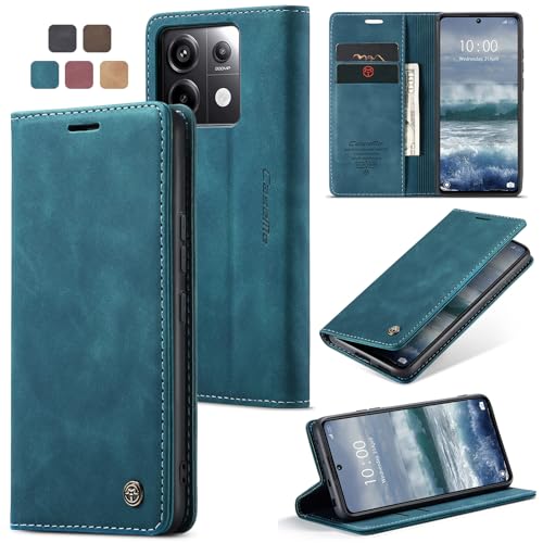 owlhold hülle Xiaomi Poco X6 Pro 5G klapphülle Poco X6 Pro 5G Lederhülle Premium Weiches Vintage-Nubukleder Faltbare Ständer Schutzhülle Kartenfach Handyhülle für Xiaomi Poco X6 Pro 5G - Blaugrün von owlhold