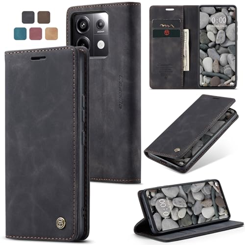 owlhold hülle Xiaomi Poco X6 Pro 5G klapphülle Poco X6 Pro 5G Lederhülle Premium Weiches Vintage-Nubukleder Faltbare Ständer Schutzhülle Kartenfach Handyhülle für Xiaomi Poco X6 Pro 5G - Schwarz von owlhold