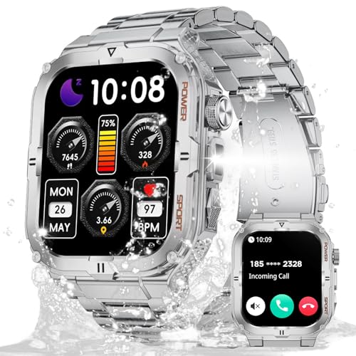 Militär-Smartwatch für Herren mit LED-Taschenlampe, 3 ATM wasserdicht, 5 cm großer Bildschirm, robuste taktische Smartwatch mit Anruf, Sport-Fitness-Tracker mit Herzfrequenz-Schlaf-Monitor für iPhone, Militär-Smartwatch für Herren mit LED-Taschenlampe, 3 ATM wasserdicht, 5 cm großer Bildschirm, robuste taktische Smartwatch mit Anruf, Sport-Fitness-Tracker mit Herzfrequenz-Schlaf-Monitor für iPhone, von paazomu