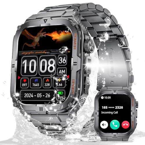 Militär-Smartwatch für Herren mit LED-Taschenlampe, 3 ATM wasserdicht, 5 cm großer Bildschirm, robuste taktische Smartwatch mit Anruf, Sport-Fitness-Tracker mit Herzfrequenz-Schlaf-Monitor für iPhone, Militär-Smartwatch für Herren mit LED-Taschenlampe, 3 ATM wasserdicht, 5 cm großer Bildschirm, robuste taktische Smartwatch mit Anruf, Sport-Fitness-Tracker mit Herzfrequenz-Schlaf-Monitor für iPhone, von paazomu