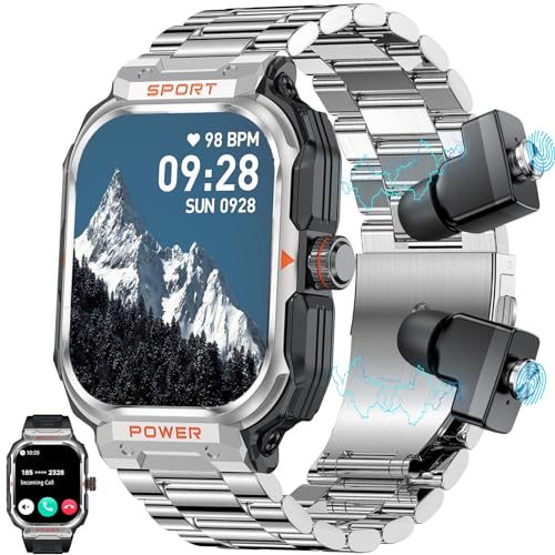 Neue Militär-Smartwatch für Herren mit TWS-Headset, Bluetooth-Anruf, Outdoor-Sport, Fitness, Aktivitätstracker, Gesundheitsmonitor, Musikuhr für iPhone Android (Silber) von paazomu