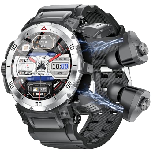 paazomu Neue 3-in-1-Smartwatch für Herren mit TWS-Headset, robust, Militär, Bluetooth, Anruf, Fitness-Tracker, IP67, wasserdicht, für Android iOS (Silber) von paazomu