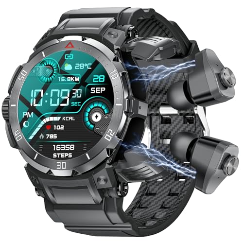 paazomu Neue 3 in 1 Smartwatch für Herren mit TWS Headset Rugged Military Bluetooth Anruf Fitness Tracker IP67 Wasserdicht für Android iOS (Schwarz) von paazomu