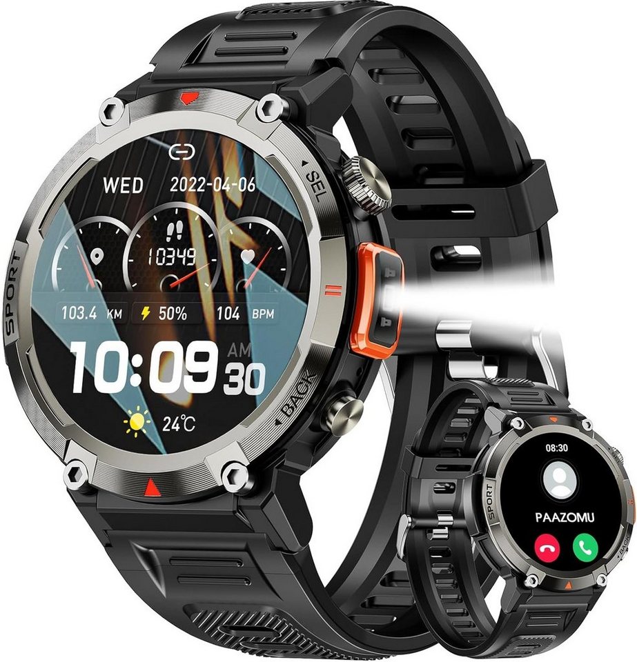paazomu Smartwatch (1,45 Zoll, Android iOS), Multifunktions mit Taschenlampe Fitness Tracker mit Gesundheitsmonitor von paazomu