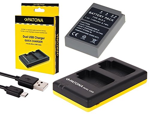 2in1-SET für die Olympus Pen E-PL8 / PL8 - Premium Akku für Olympus BLS-5 / BLS-50 (Starke 1100mAh) + Dual Ladegerät (Laden Sie 2 Akkus via USB-Anschluss auf einmal) von pabuTEL-Bundle