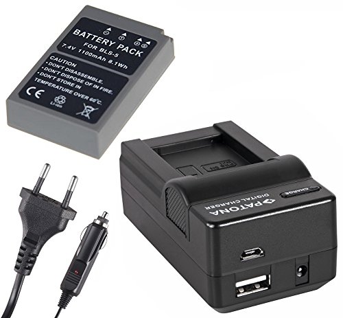 3in1-SET für die Olympus Pen E-PL8 / PL8 - Premium Akku für Olympus BLS-5 / BLS-50 (Starke 1100mAh) + 4in1 Ladegerät (u.a. mit USB/Micro-USB und Kfz/Auto) inkl. PATONA Displaypad von pabuTEL-Bundle