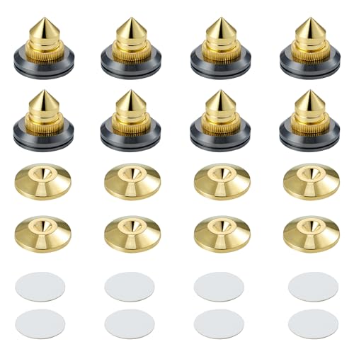 Pailvens Lautsprecher Spikes 8er Set, Lautsprecher Füße Höhenverstellbar aus Kupferlegierung, Subwoofer Spikes mit 16x Klebepads, Boxenständer Lautsprecherständer für CD DVD-Player, Gold von pailvens