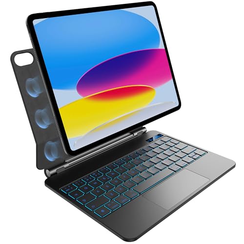 Schutzhülle mit Tastatur für iPad der 10. Generation, 26,7 cm (10,9 Zoll) (2022), Hintergrundbeleuchtung in 7 Farben, Multitouch-Touchpad, magnetisches schwimmendes Design, Schwarz von pankeybd