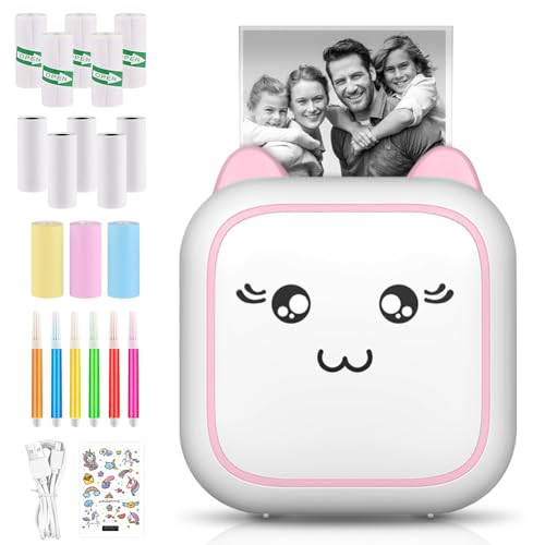 Mini Drucker für Smartphone, Tragbarer Thermodrucker Fotodrucker Bluetooth Handy Drucker mit 13 Druckerpapie, 6 Buntstifte und 1 Sticker, Mini Printer für Journal, Reisen Logo, Notizen, Liste, Memo von panthem