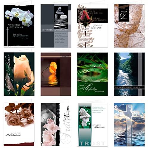 paperSky 12 Stück Set Trauerkarten Beileidskarten Kondolenzkarten mit Umschlag, Klappkarten 17 x 12 cm von paperSky