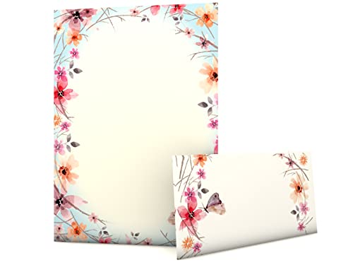 Blumen und Schmetterlinge Frühlingsreigen Briefpapier - Set mit 20 Blatt Motivpapier und 20 Briefumschlägen von paperandpicture.de