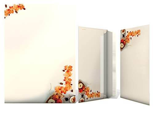 Briefpapier Set | Duft des Herbstes | 100 Blatt Herbstliches Motivpapier A4 | 100 Briefumschläge OHNE FENSTER im DIN LANG-Format von paperandpicture.de