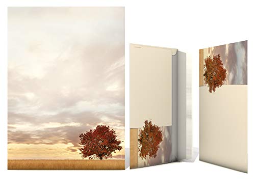 Briefpapier Set | Lonely Tree - Herbst-Baum | 100 Blatt Herbstliches Motivpapier A4 | 100 Briefumschläge OHNE FENSTER im DIN LANG-Format von paperandpicture.de