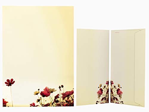 Briefpapier Set | Sunny Flowers | 50 Blatt Blumen Motivpapier A4 | 50 Briefumschläge OHNE FENSTER im DIN LANG-Format von paperandpicture.de