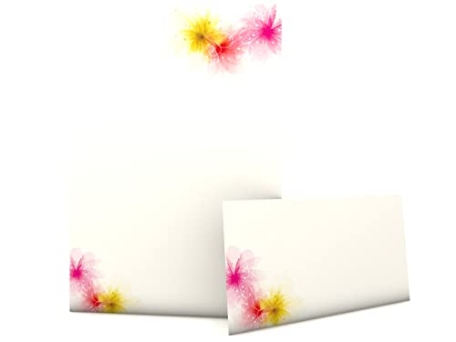 Design-Papier Blumen Briefpapier Set Bloom Splash, 100-teilig mit 50 Blatt Motivpapier DIN A4, 90g/qm und 50 passenden DIN LANG-Briefumschlägen von paperandpicture.de