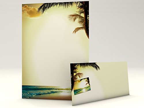 Ferien Urlaub Briefpapier Set Romantic Sunset, 100-teilig mit 50 Blatt Motivpapier DIN A4, 90g/qm und 50 passenden DIN LANG-Briefumschlägen von paperandpicture.de