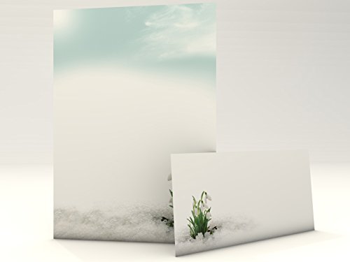 Frühlingshaftes Briefpapier Set | Schneeglöckchen| 50 Blatt Motivpapier DIN A4 | 50 Briefumschläge OHNE FENSTER im DIN LANG-Format | florale Motive von paperandpicture.de