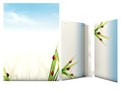 Motivpapier Komplett-Set mit Marienkäfer im Gras Motiv 40 Stück inkl. 20 Blatt Briefpapier + 20 passende Briefumschläge DIN LANG von paperandpicture.de