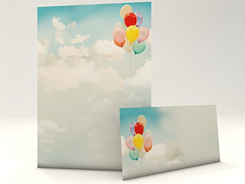 Motivpapier mit Briefumschlag Luftballons 50 Blatt A4 und 50 passende Kuverts Wolken Himmel Freiheit von paperandpicture.de