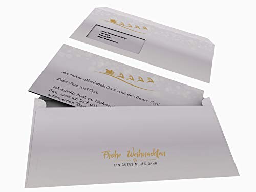 Weihnachtsbriefpapier Set | Rentierschlitten | 100 Blatt Weihnachtliches Motivpapier A4 | 100 Briefumschläge MIT Sichtfenster links im DIN LANG-Format von paperandpicture.de