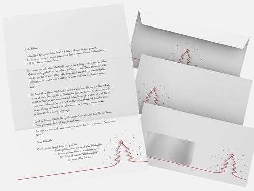 Weihnachtsbriefpapier Set | Rotes Tannenbäumchen | 100 Blatt weihnachtliches Motivpapier A4 | 100 Briefumschläge MIT Sichtfenster links im DIN LANG-Format von paperandpicture.de