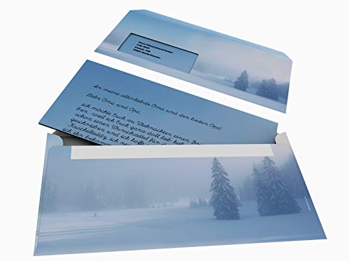 Weihnachtsbriefpapier Set | Tanne im Schneewald | 100 Blatt winterliches Motivpapier A4 | 100 Briefumschläge OHNE FENSTER im DIN LANG-Format von paperandpicture.de