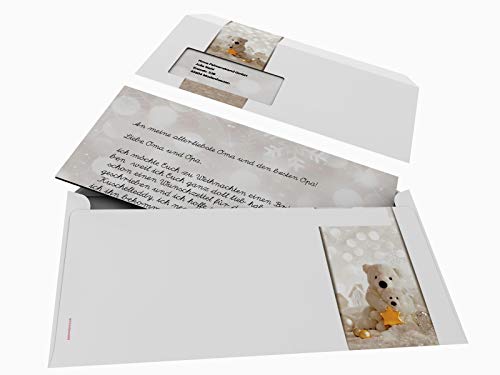 Weihnachtsbriefpapier Set | Weihnachtsbären | 100 Blatt weihnachtliches Motivpapier A4 | 100 Briefumschläge MIT Sichtfenster links im DIN LANG-Format von paperandpicture.de